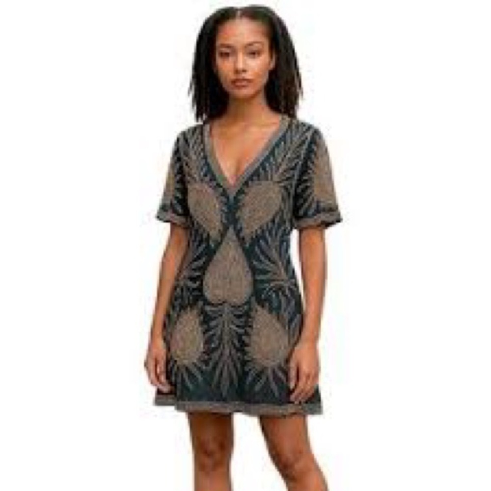 Haute Hippie Navy Silk Beaded Paisley V-Neck Mini Dress Size XS